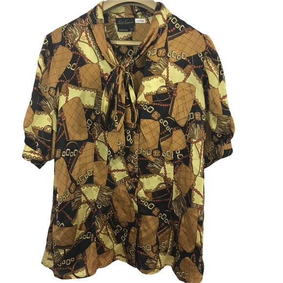 Luisa Spagnoli Tops - Luisa Spagnoli Blouse 100% Silk Watch Jewels Print Short Sleeve Tie Neckline
